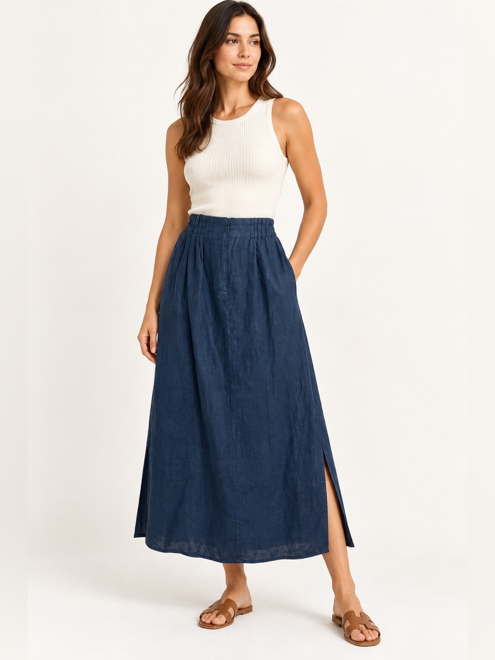 Massimo Dutti Navy Linen Maxi Skirt Side Slits M